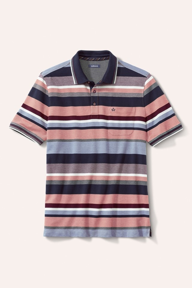 Das Bild zeigt ein kurzärmliges Poloshirt mit mehrfarbigen, waagerechten Streifen.