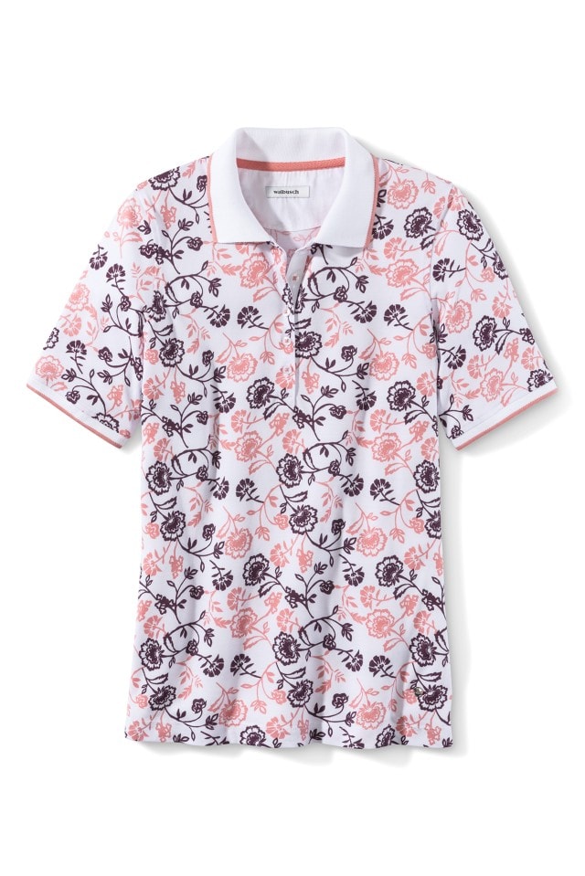 Das Bild zeigt ein kurzärmliges Polohemd mit weißem Grundton und einem floralen Muster in Rosa und Dunkelviolett sowie einem weißen Kragen.