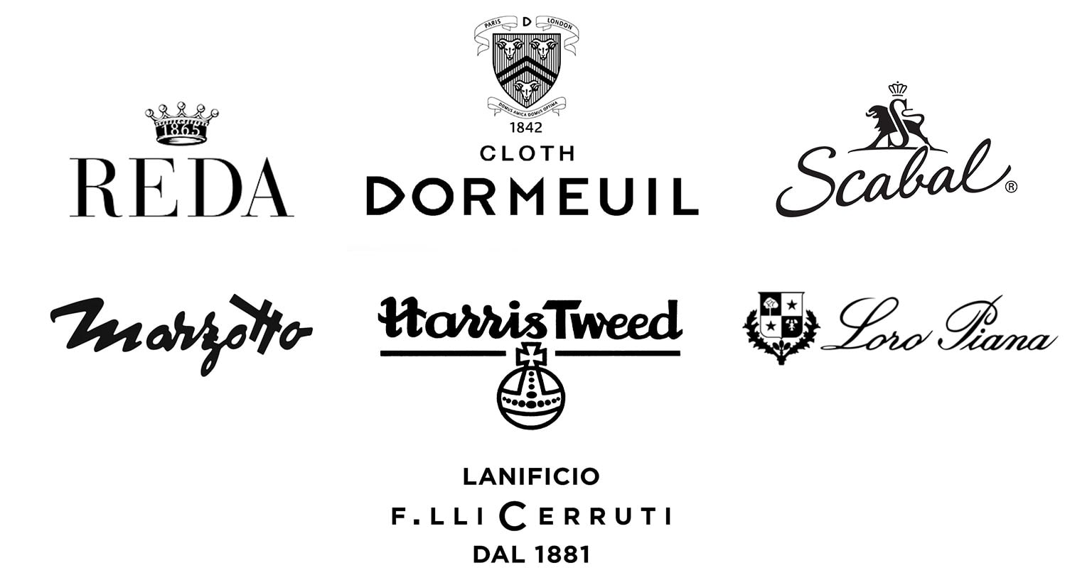 Logos verschiedener Stoffmarken: Reda, Cerruti, Scabal, Marzotto, Dormeuil, Loro Piana, Harris Tweed.
