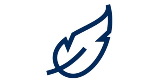 Stilisiertes Symbol einer Feder in dunkelblauer Farbe.