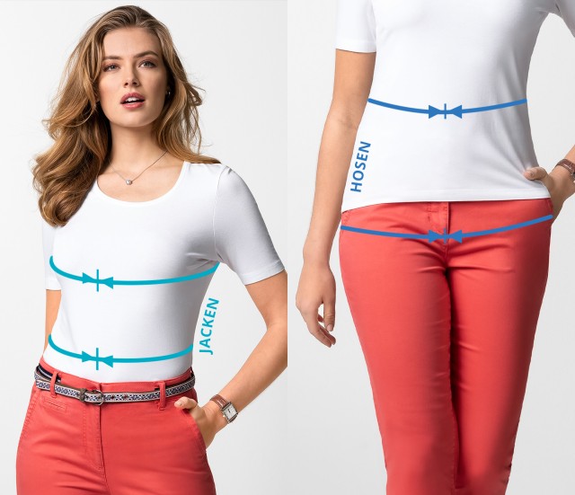 Frau in weißem T-Shirt und korallroten Hosen, mit blauen Linien zur Größenanpassung für Jacken und Hosen.