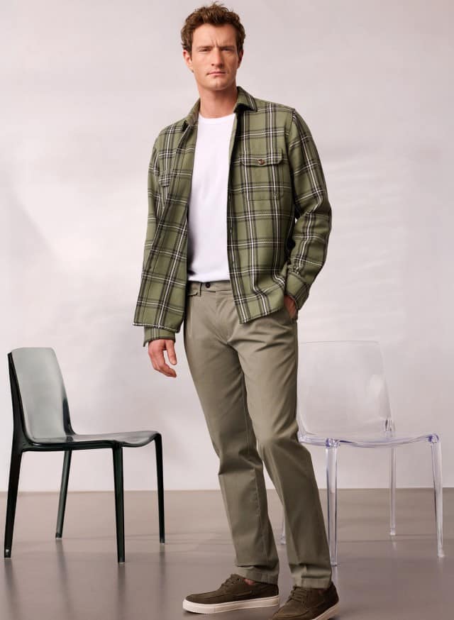 Ein Mann trägt ein Karo Overshirt in Schilf, darunter ein weißes Shirt und dazu eine passende Hose.