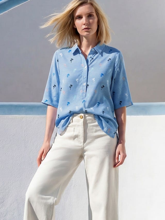 Frau in hellblauer Bluse mit feinem Streifenmuster und kleinen Palmenmotiven, kombiniert mit weiter weißer Hose. Der Stil wirkt luftig, modern und sommerlich.