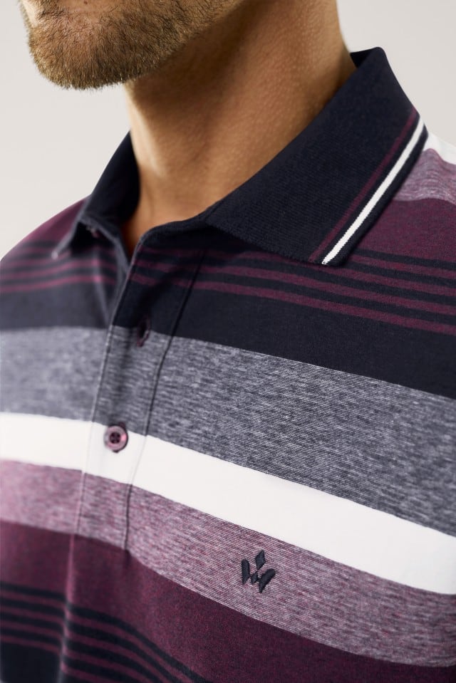 Ein Mann trägt ein langärmliges Poloshirt mit Querstreifen in Grau-, Weiß-, Bordeaux- und Schwarztönen; die Nahaufnahme zeigt den dunklen Kragen mit feiner heller Streifenkante und eine dezente Stickerei auf der Brust.