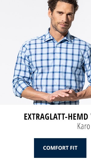 Extraglatt-Hemd Walbusch-Kragen Comfort Fit - Karo Bleu | Walbusch