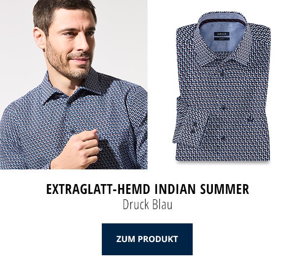 Extraglatt-Hemd Indian Summer Druck Blau | Walbusch