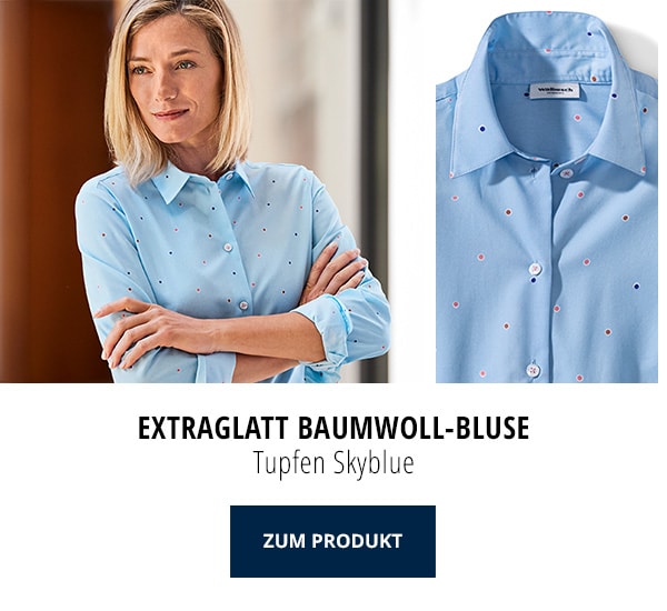 Extraglatt Baumwoll-Bluse Tupfen Skyblue | Walbusch