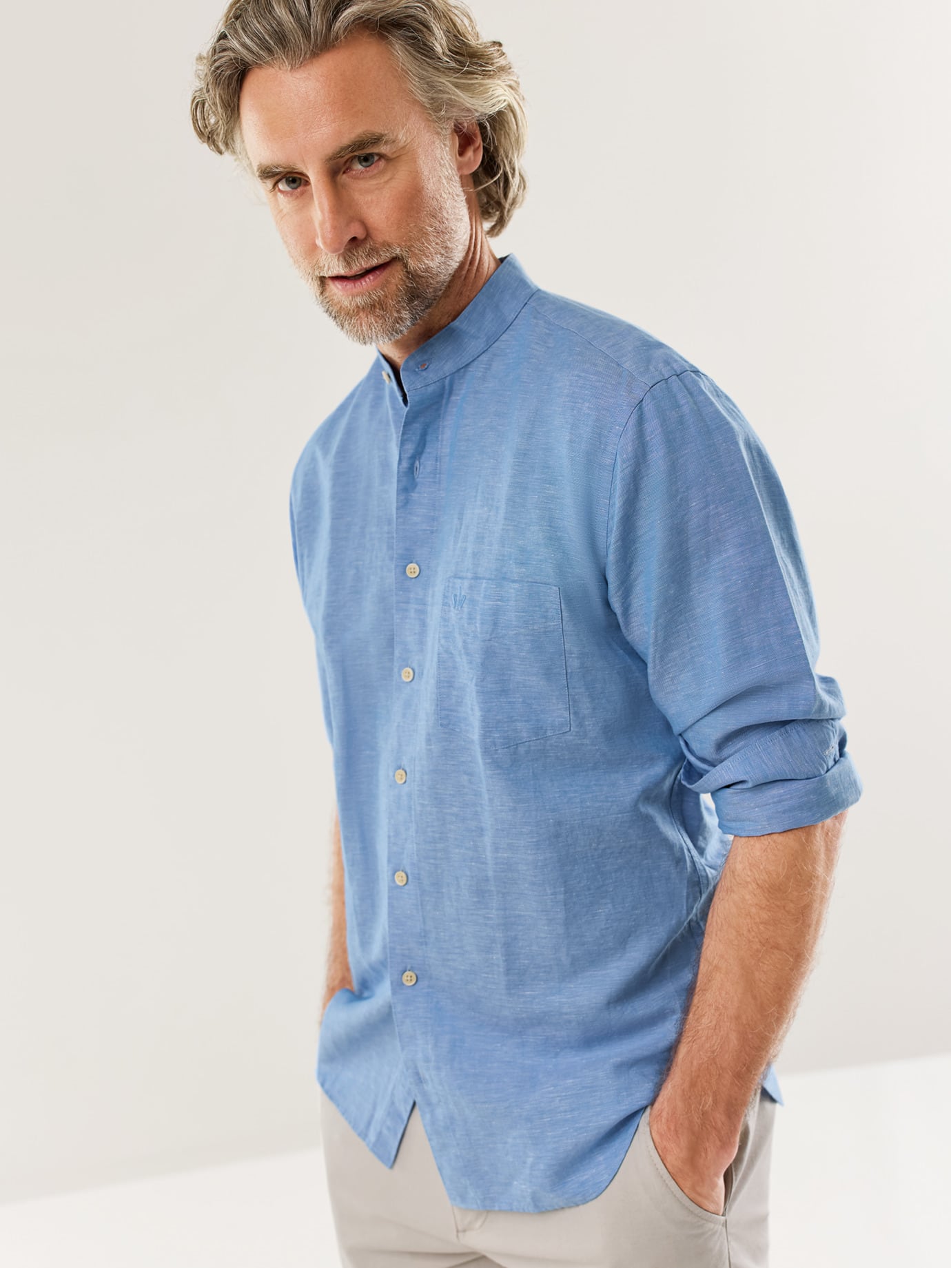 Walbusch Stand Collar Linen Shirt Blue 43/44 2