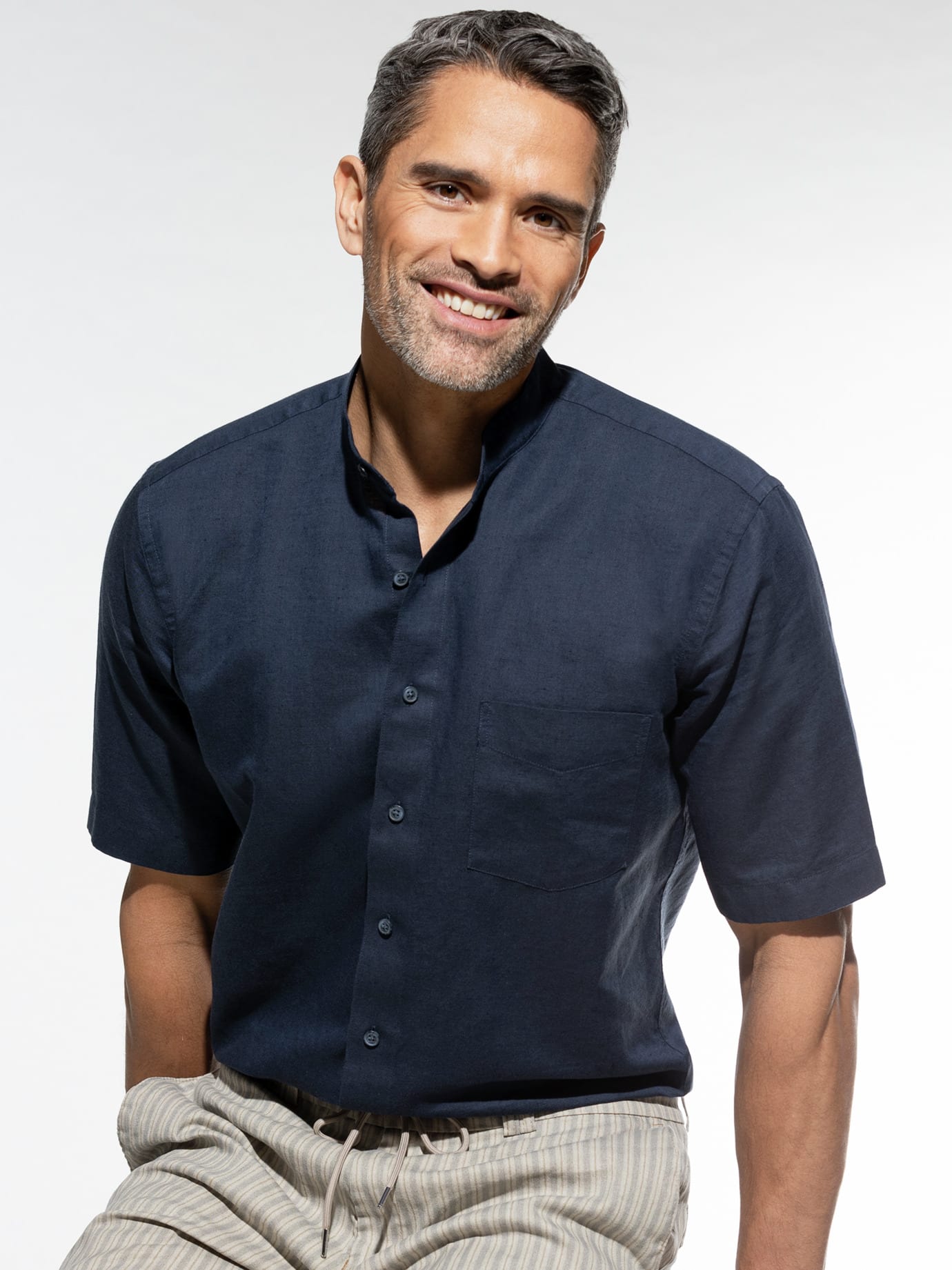 Walbusch Stand Collar Linen Shirt Blue 43/44 10