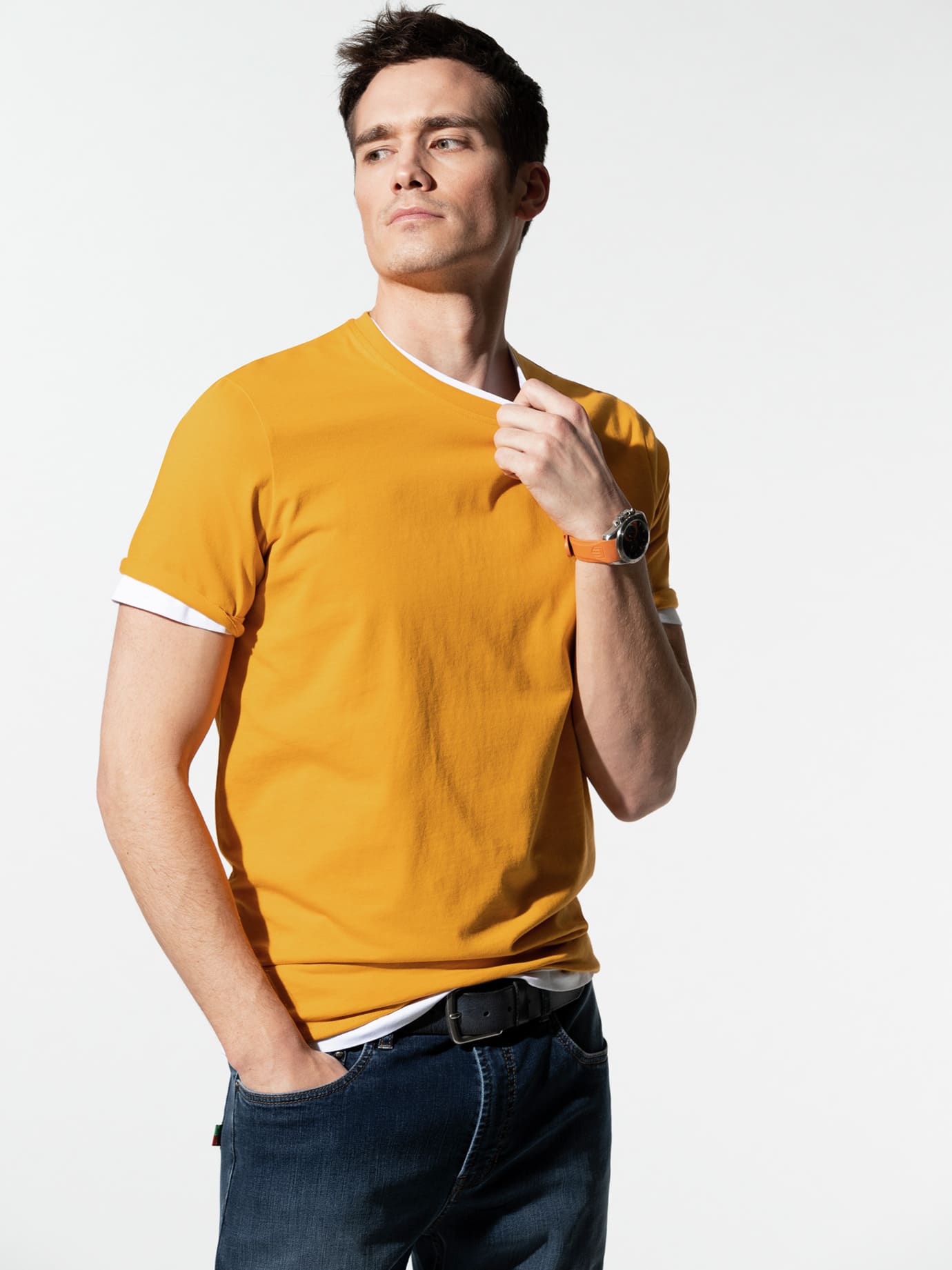 Walbusch T-Shirt Rundhalsausschnitt, , Farbe Gelb, 50, reine Baumwolle atmungsaktiv Herren 2