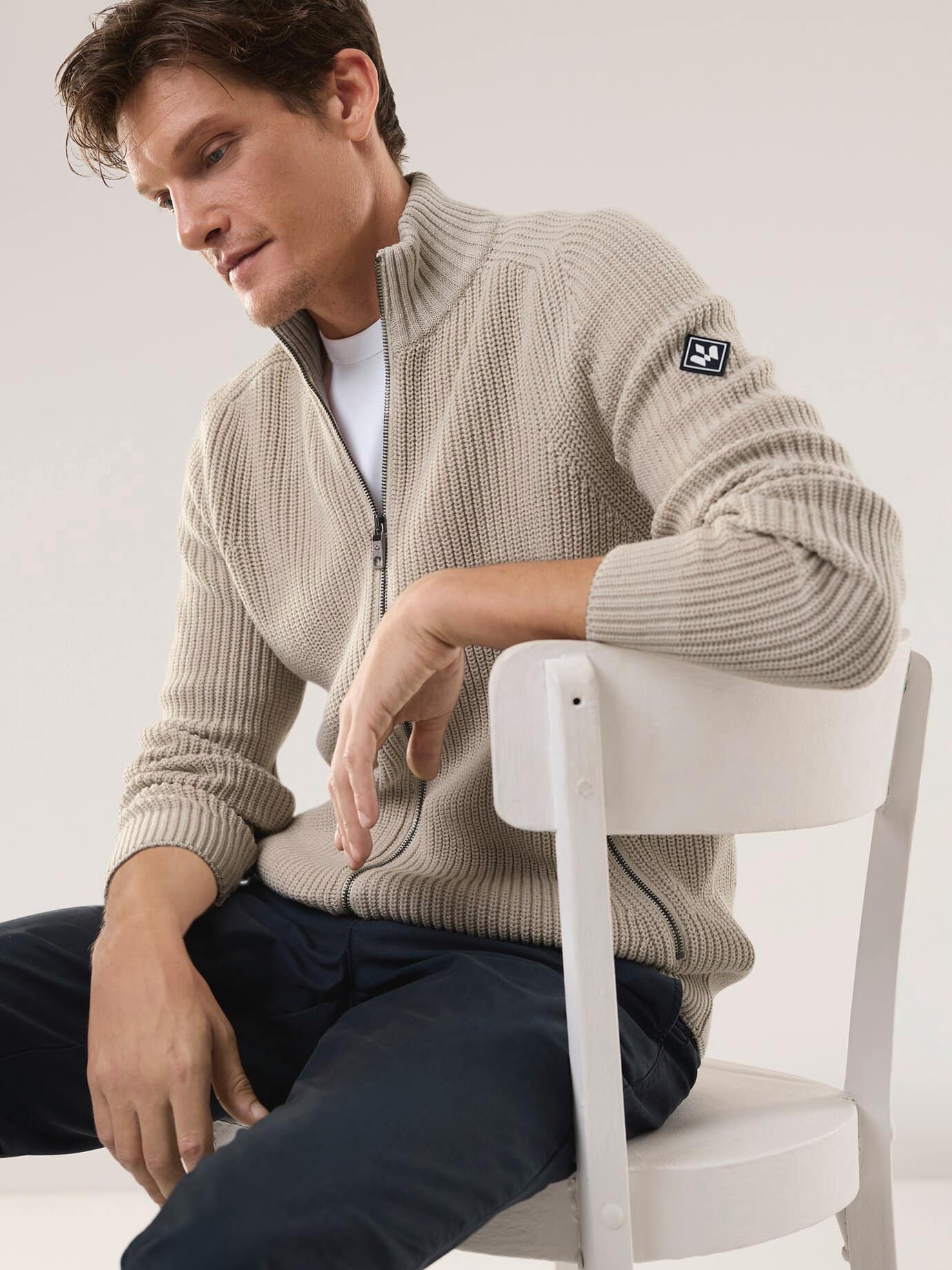 Walbusch Zip-Jacke Patenstrrick, normale Größen, Farbe Beige, 54, strapazierfähiger Baumwollmix moderner Patentstrick Herren 2