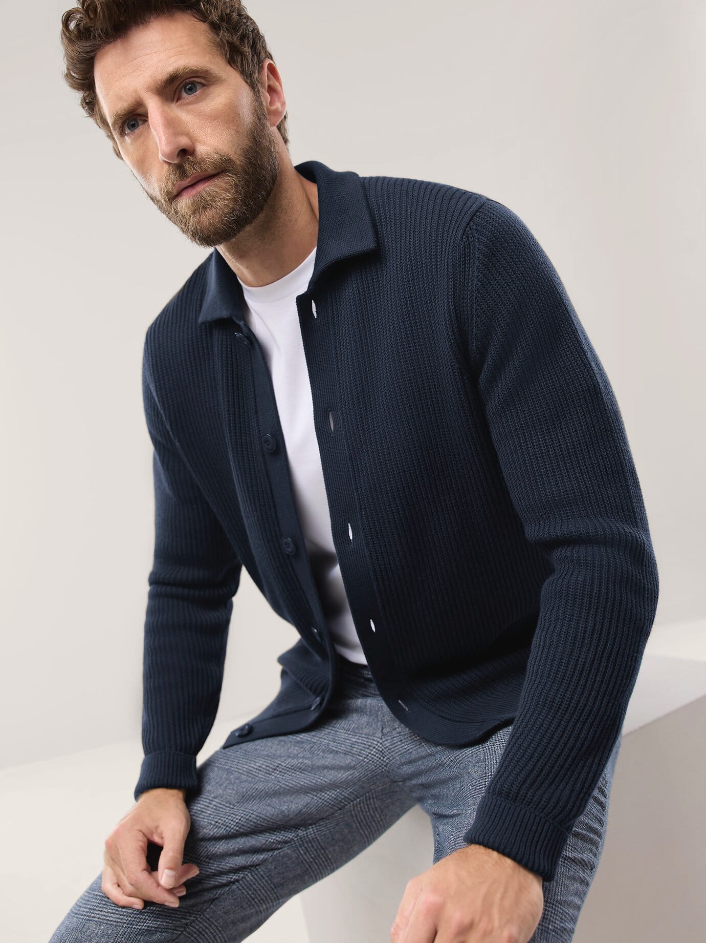 Walbusch Polo Cardigan Blue 58/60 Cotton 3