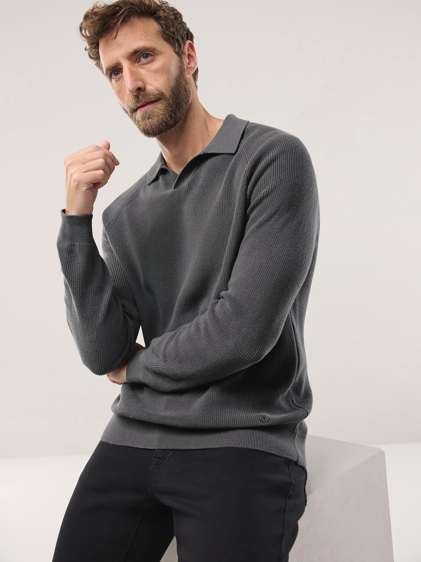 Walbusch Ribbed Polo Sweater Gray Size 56 3
