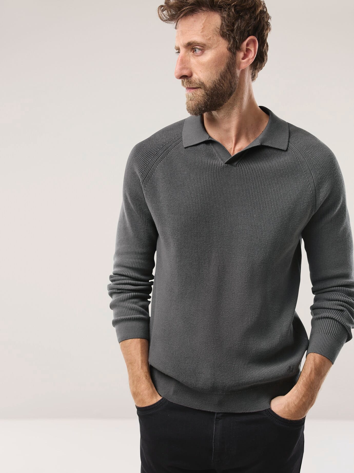 Walbusch Ribbed Polo Sweater Gray Size 56 2
