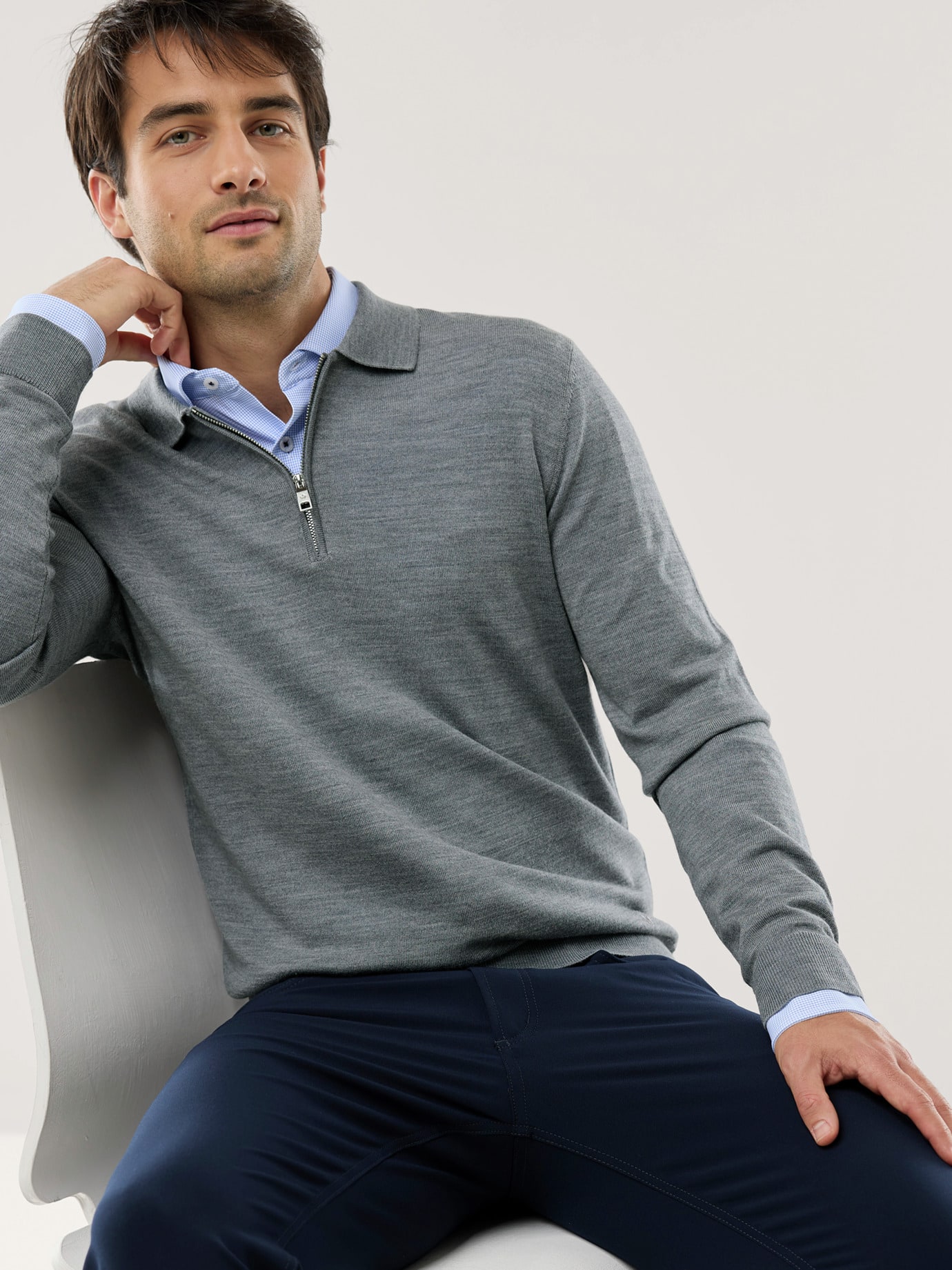 Walbusch Polo-Pullover Merino Extrafein, , Farbe Grau, 54, reine, extrafeine Merinowolle temperaturausgleichend Herren 3