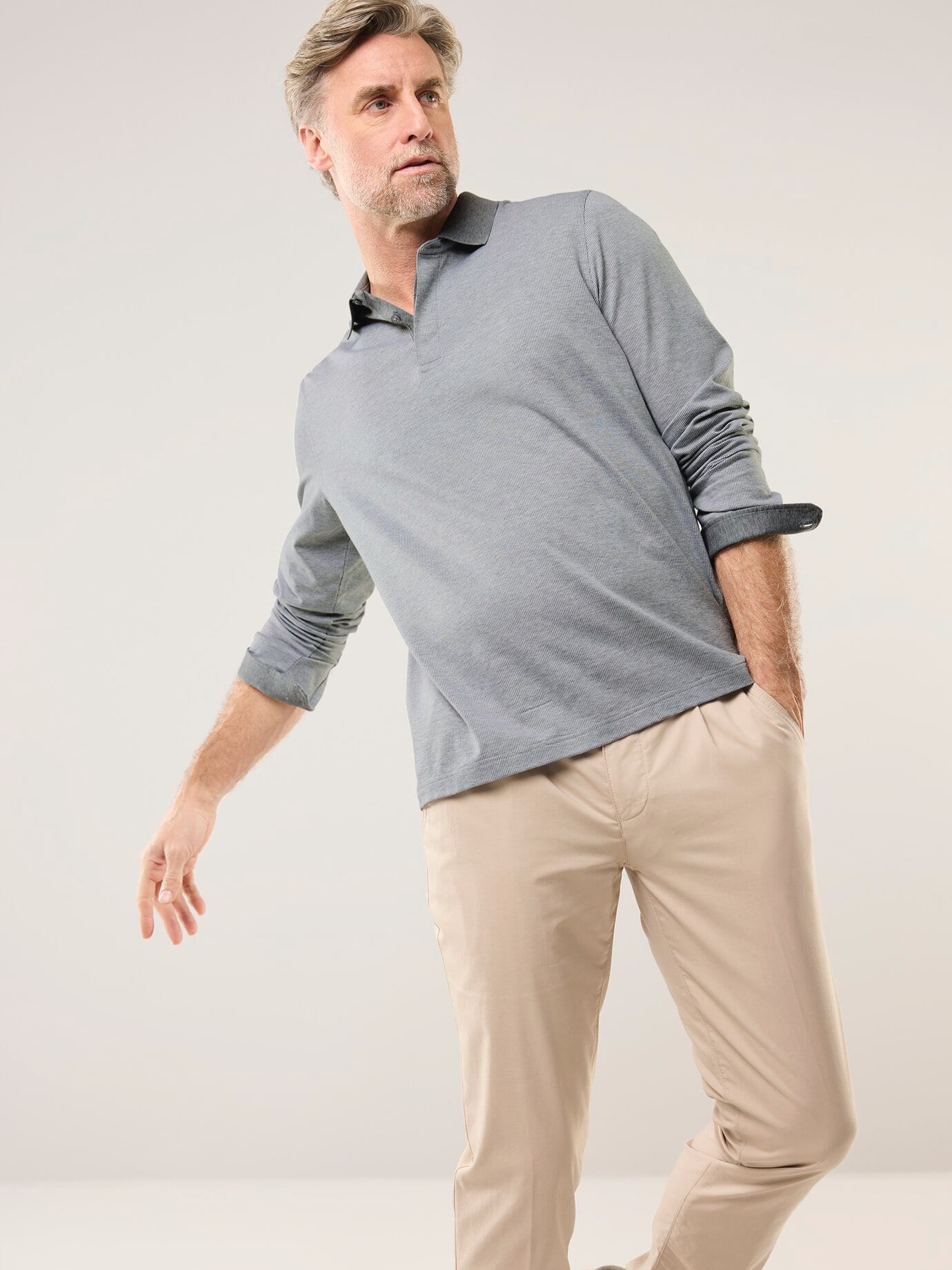 Walbusch Jaquard-Polo Bicolor Long Sleeve Gray 62/64 2