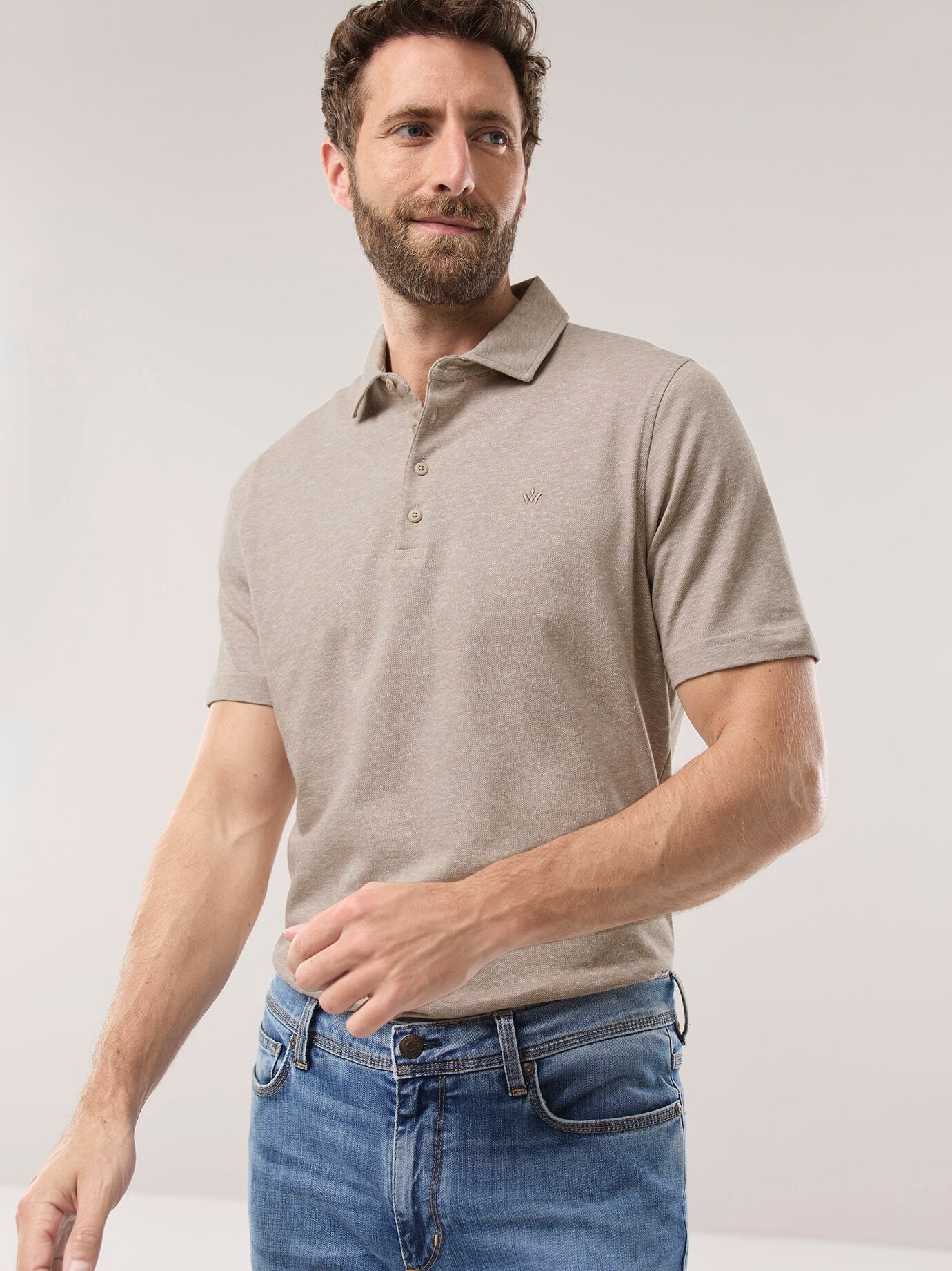 Walbusch Cottolino Hemdenpolo, , Farbe Beige, 62/64, frischer Baumwoll-/Leinenmix konfektionierter Hemdenkragen Herren 2