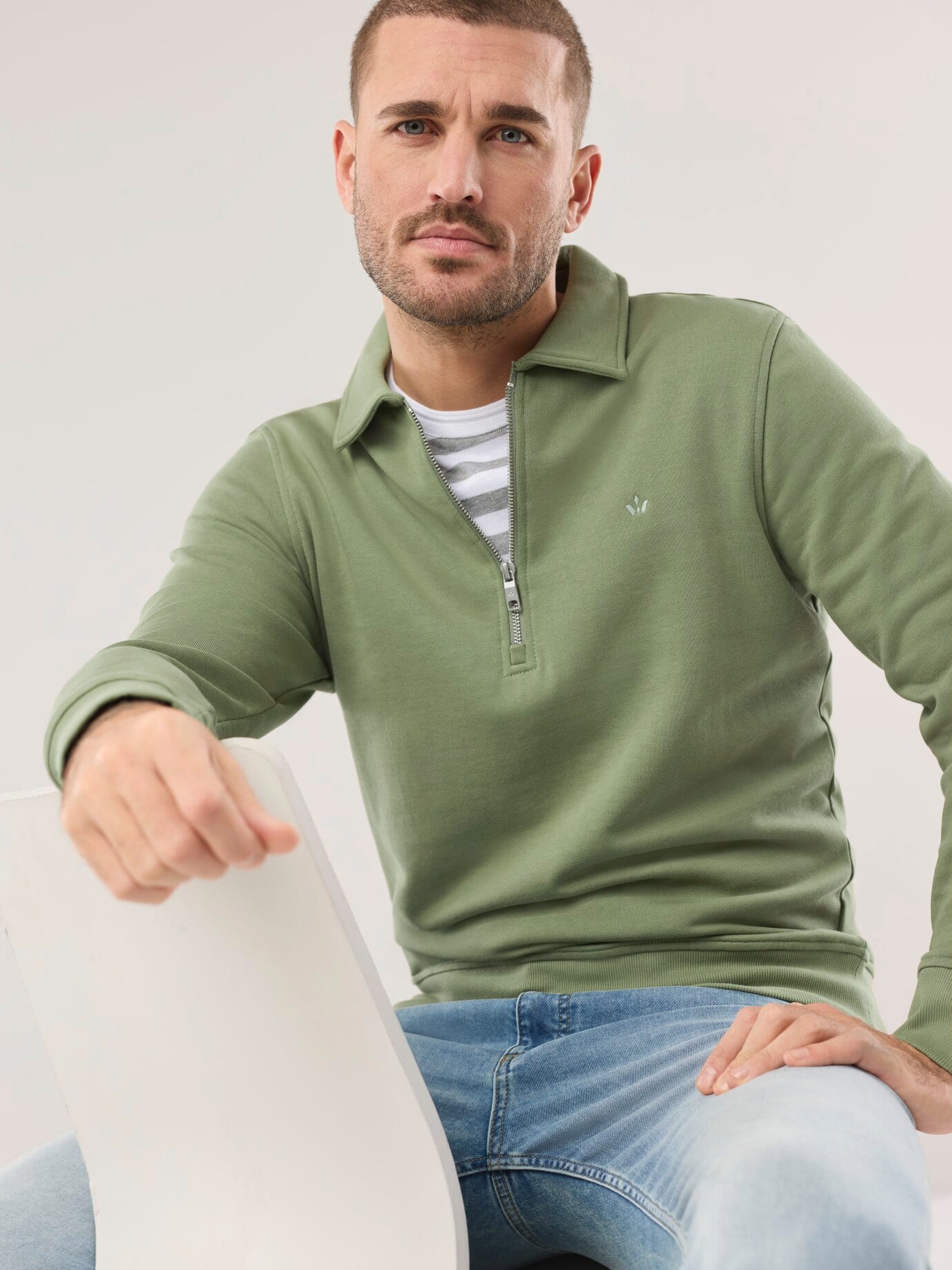Walbusch Polo Sweat, noch offen: Größenlauf, Farbe Grün, 56, reine Baumwolle Polokragen mit Reißverschluss Herren 3