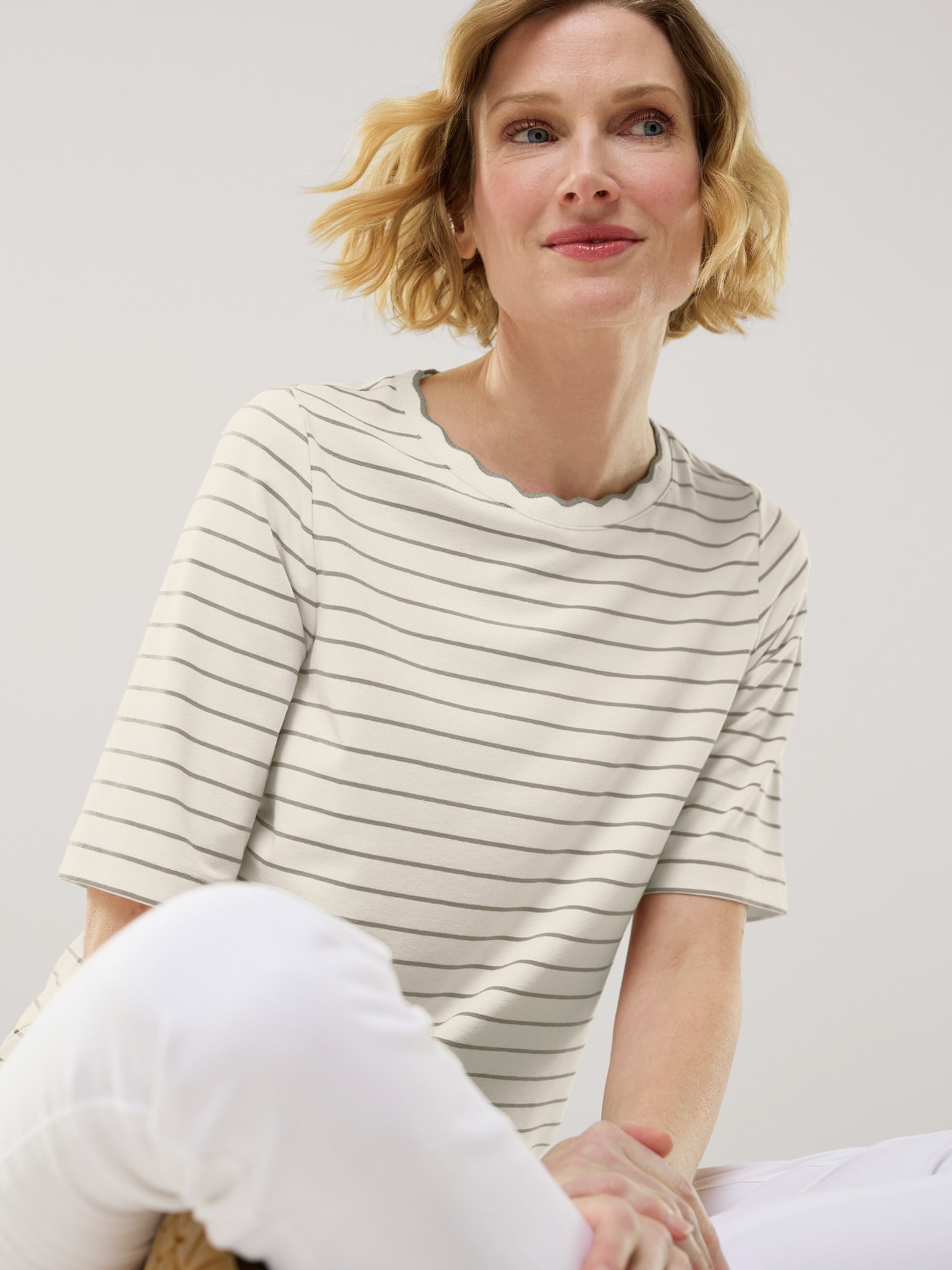 Ringelshirt Wellenband Weiß/Khaki