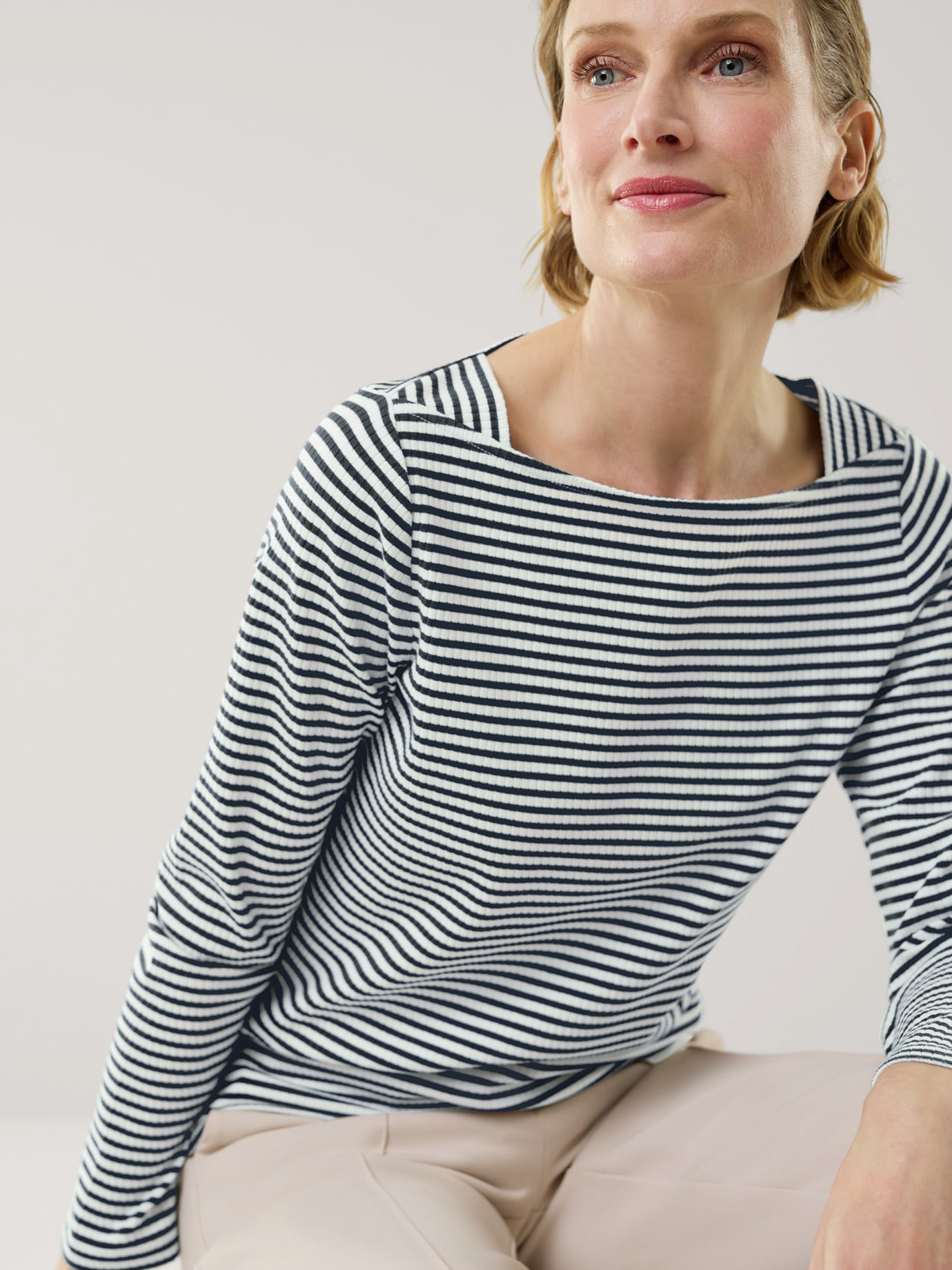 Baumwollshirt Ripp Ringel Weiß/Marine