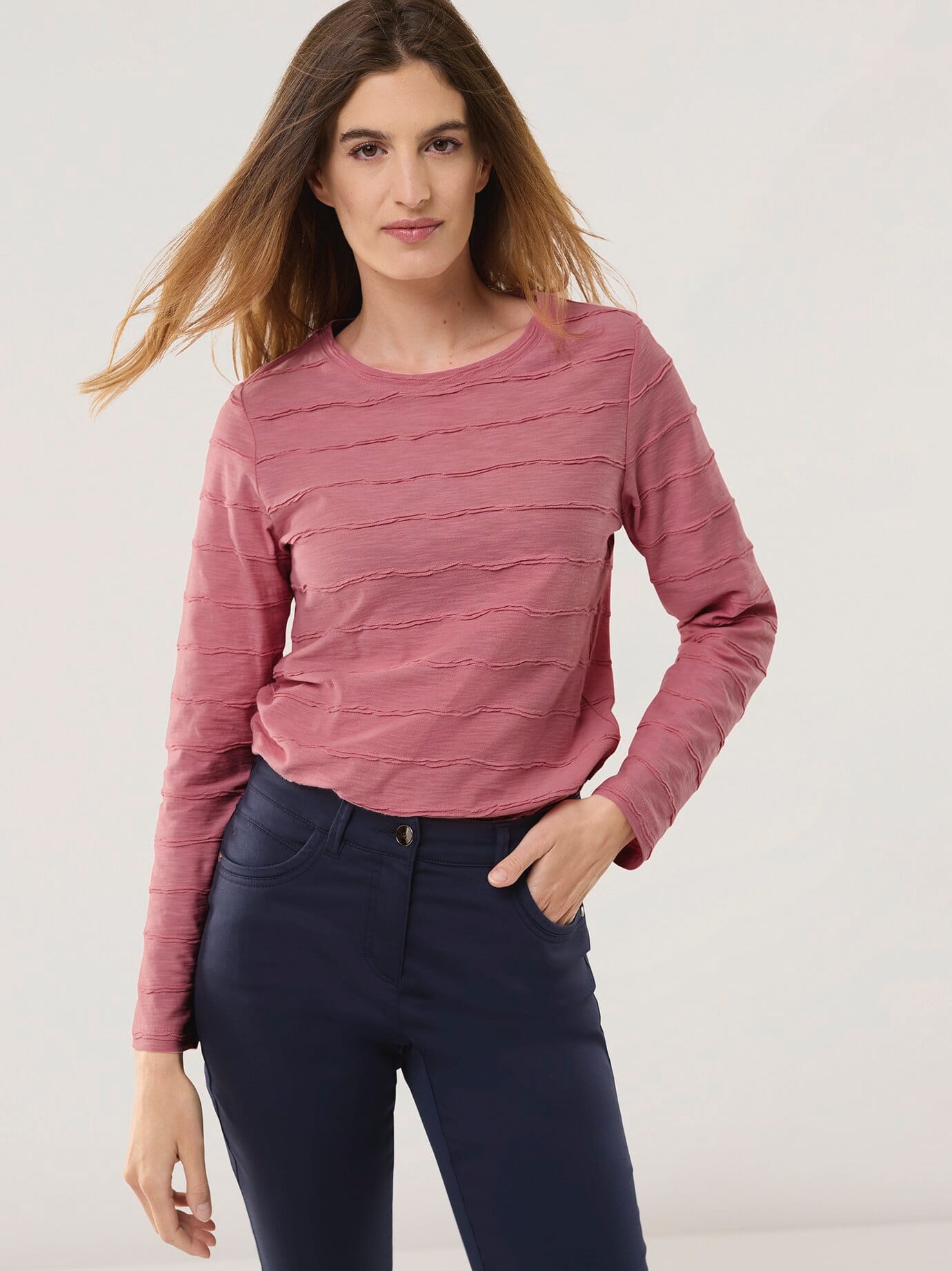 Baumwollshirt Streifenstruktur LA, normale Größen, Farbe Rosa, 44, angenehm zu tragen atmungsaktive Baumwolle Damen