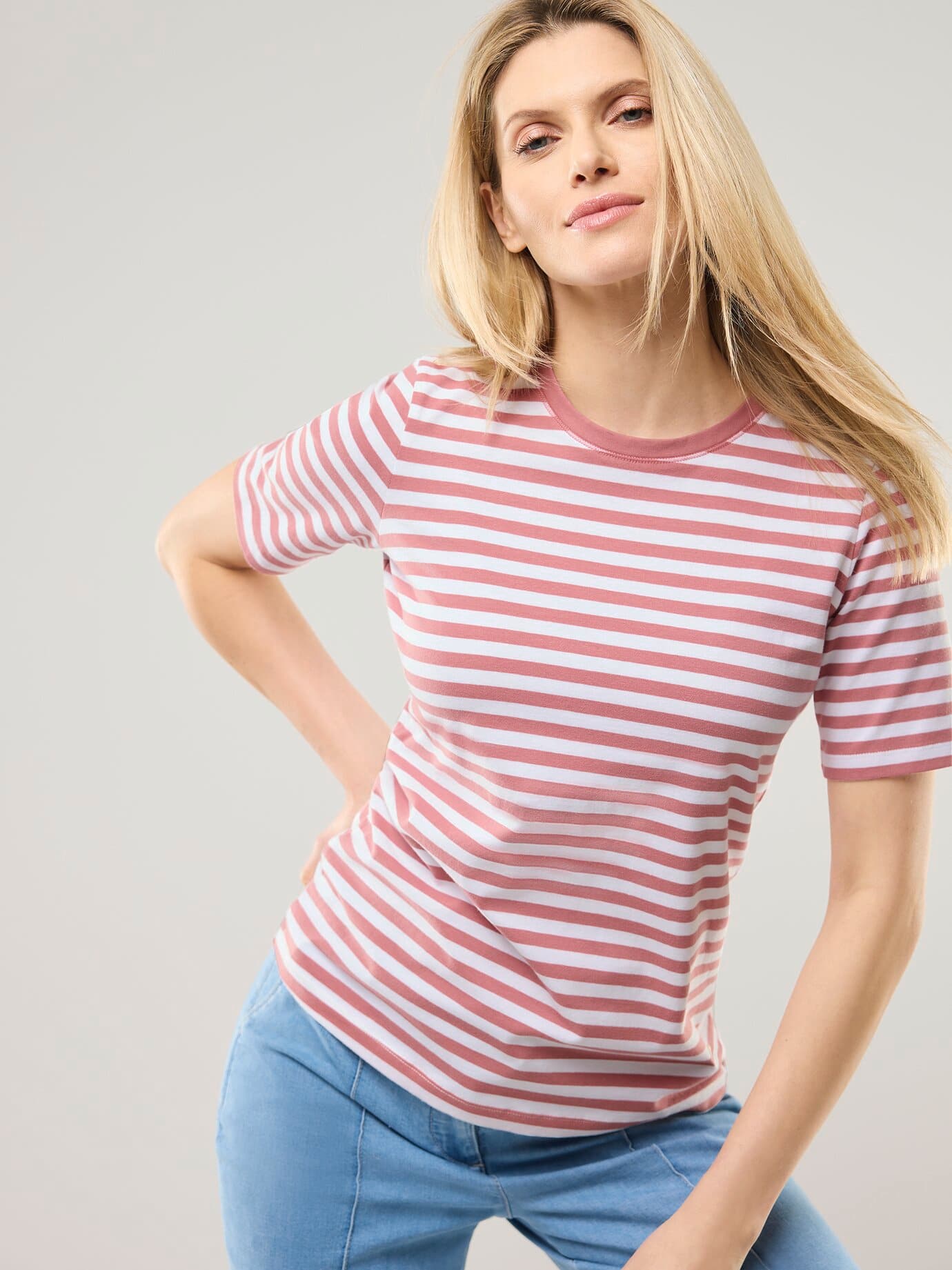 Walbusch Baumwoll Ringelshirt, normale Größen, Farbe Rosa, 48, hautsympathische Baumwolle bequem, da elastisch Damen