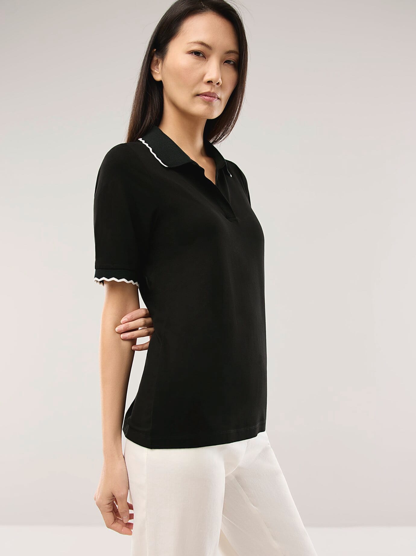 Poloshirt Wellenkante, normale Größen, Farbe Schwarz, 44, Hingucker: Wellenkante hautsympathische Viskose Damen