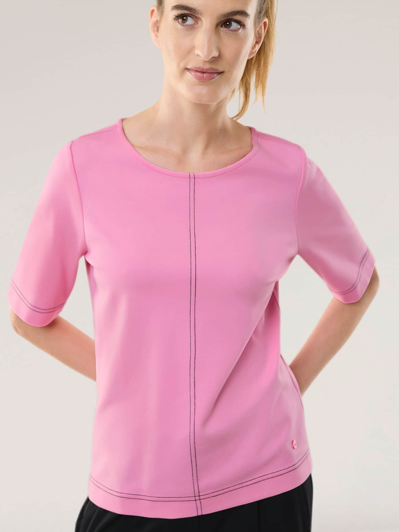 Edeljerseyshirt mit Zierstich, normale Größen, Farbe Rosa, 46, edler Premium-Jersey mit Kontraststickerei Damen