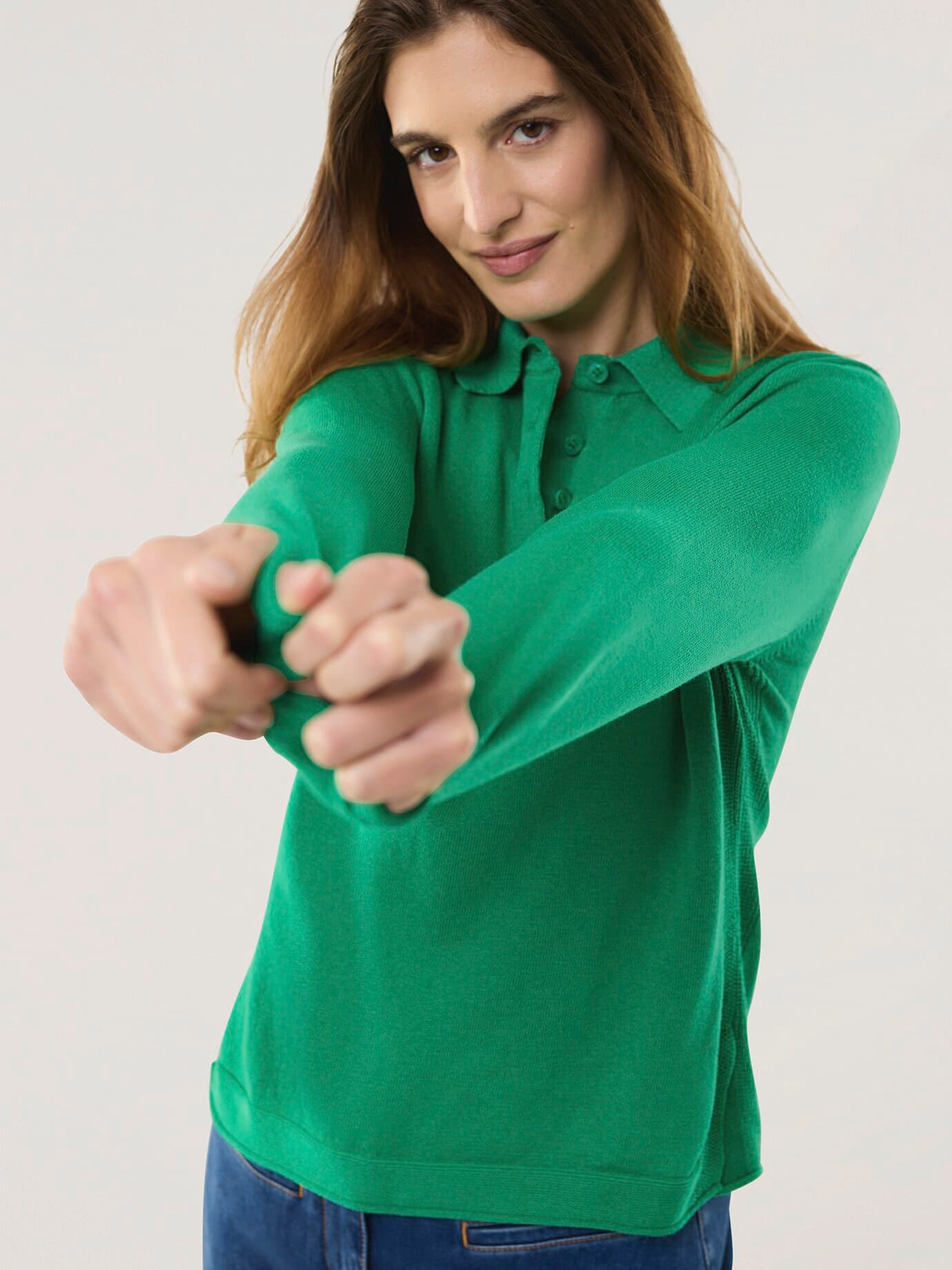 Walbusch Polo-Pullover mit Seide, normale Größen, Farbe Grün, 46, edle Baumwoll-Seiden-Mischung modern und doch zeitlos Damen 2