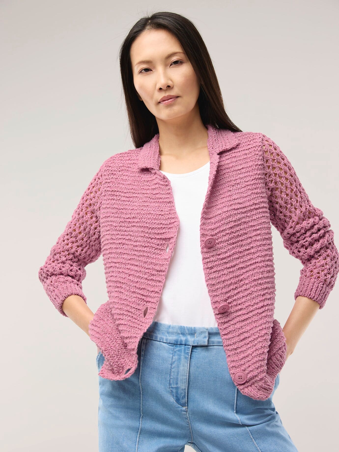 Strickjacke mit Leinen, normale Größen, Farbe Rosa, 42, edles Leinenmix-Bändchengarn leicht & atmungsaktiv Damen