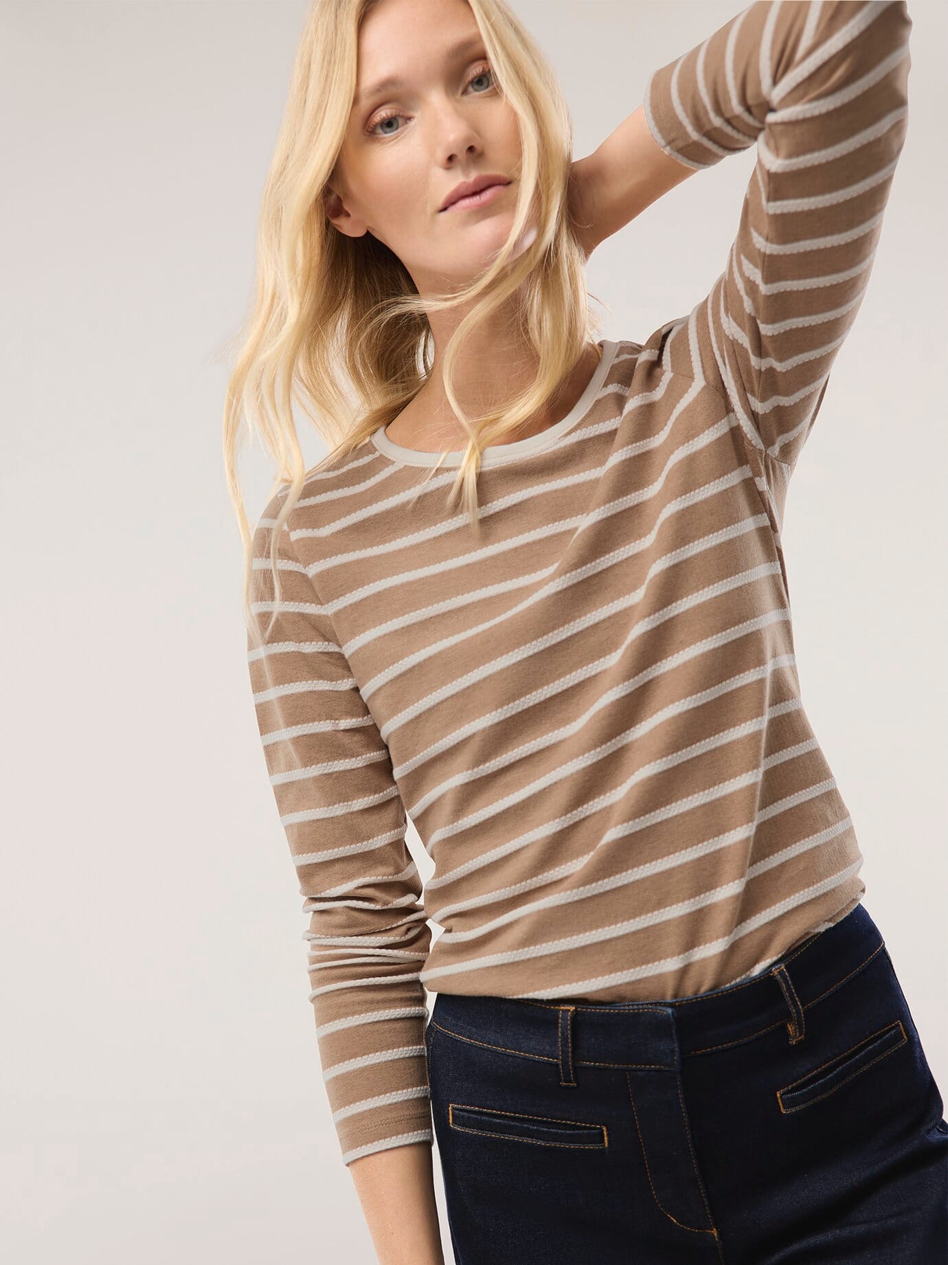Walbusch Baumwollshirt Ringelstruktur, normale Größen, Farbe Beige, 48, bequem, da elastisch weicher Baumwollmix Damen 2