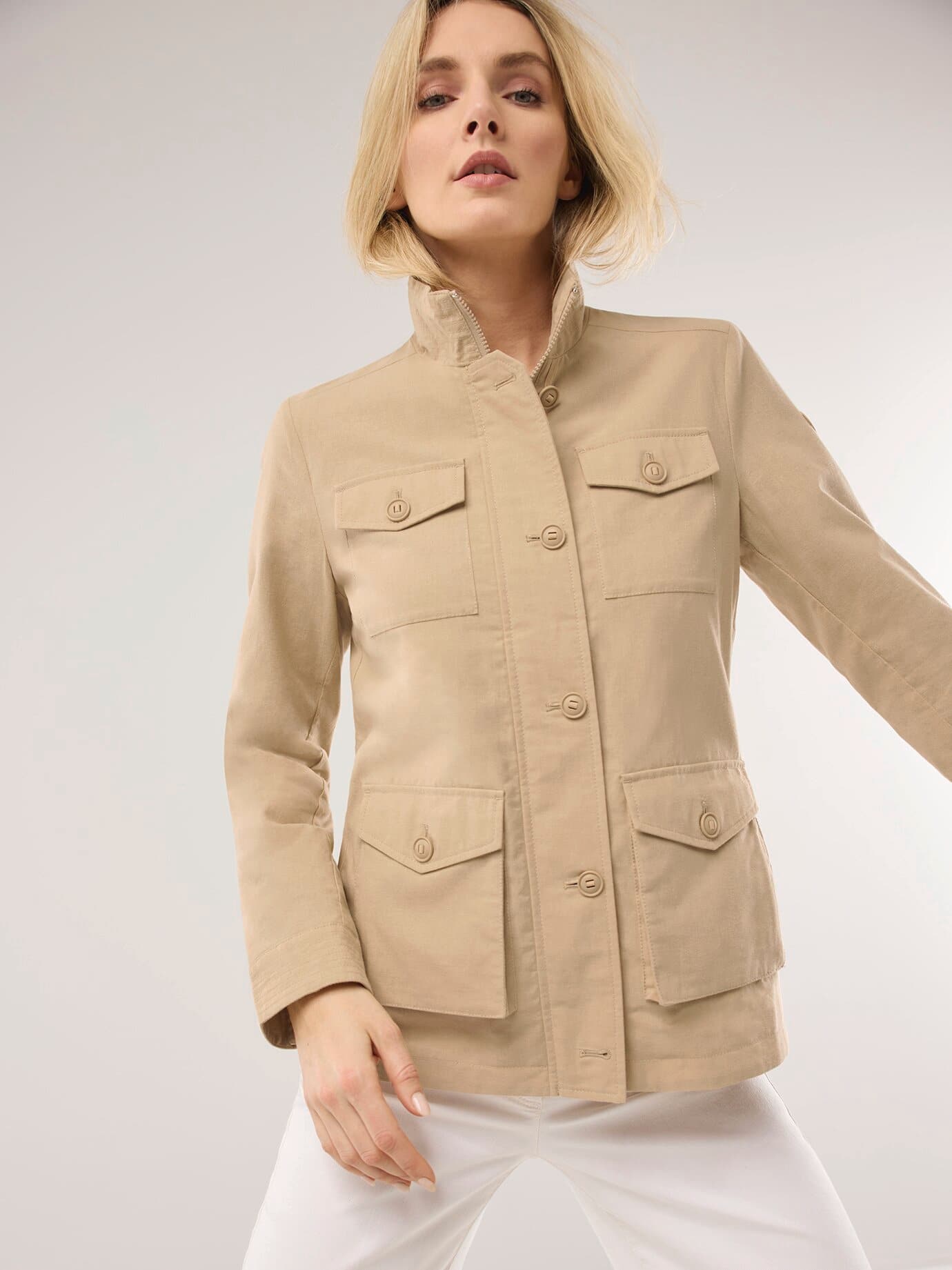 Cotton Fieldjacket, normale Größen#Kurzgrößen, Farbe Beige, 52, moderner Cargo-Stil atmungsaktiver Baumwoll-Leinenmix Damen