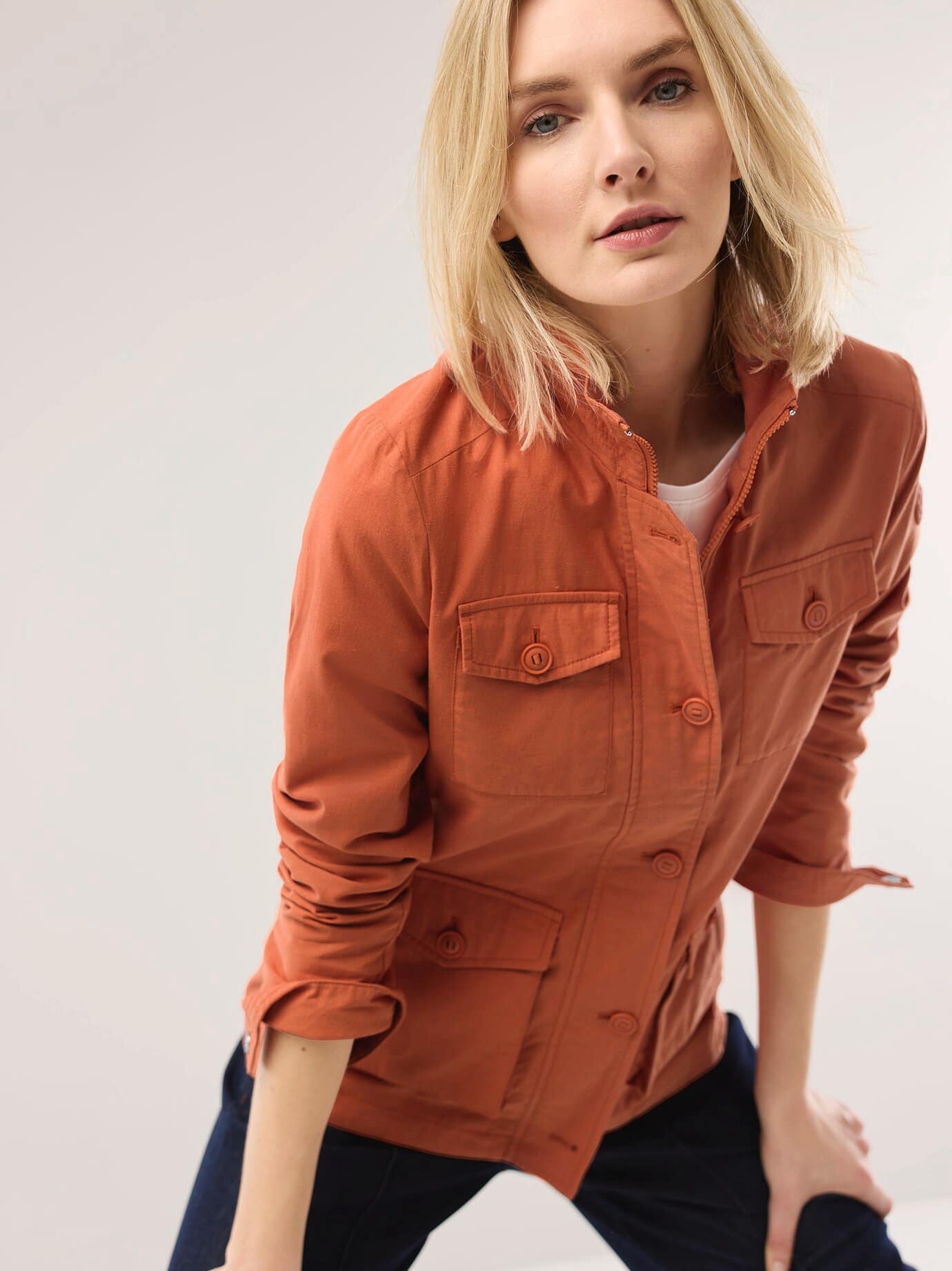 Cotton Fieldjacket, normale Größen#Kurzgrößen, Farbe Orange, 21, moderner Cargo-Stil atmungsaktiver Baumwoll-Leinenmix Damen