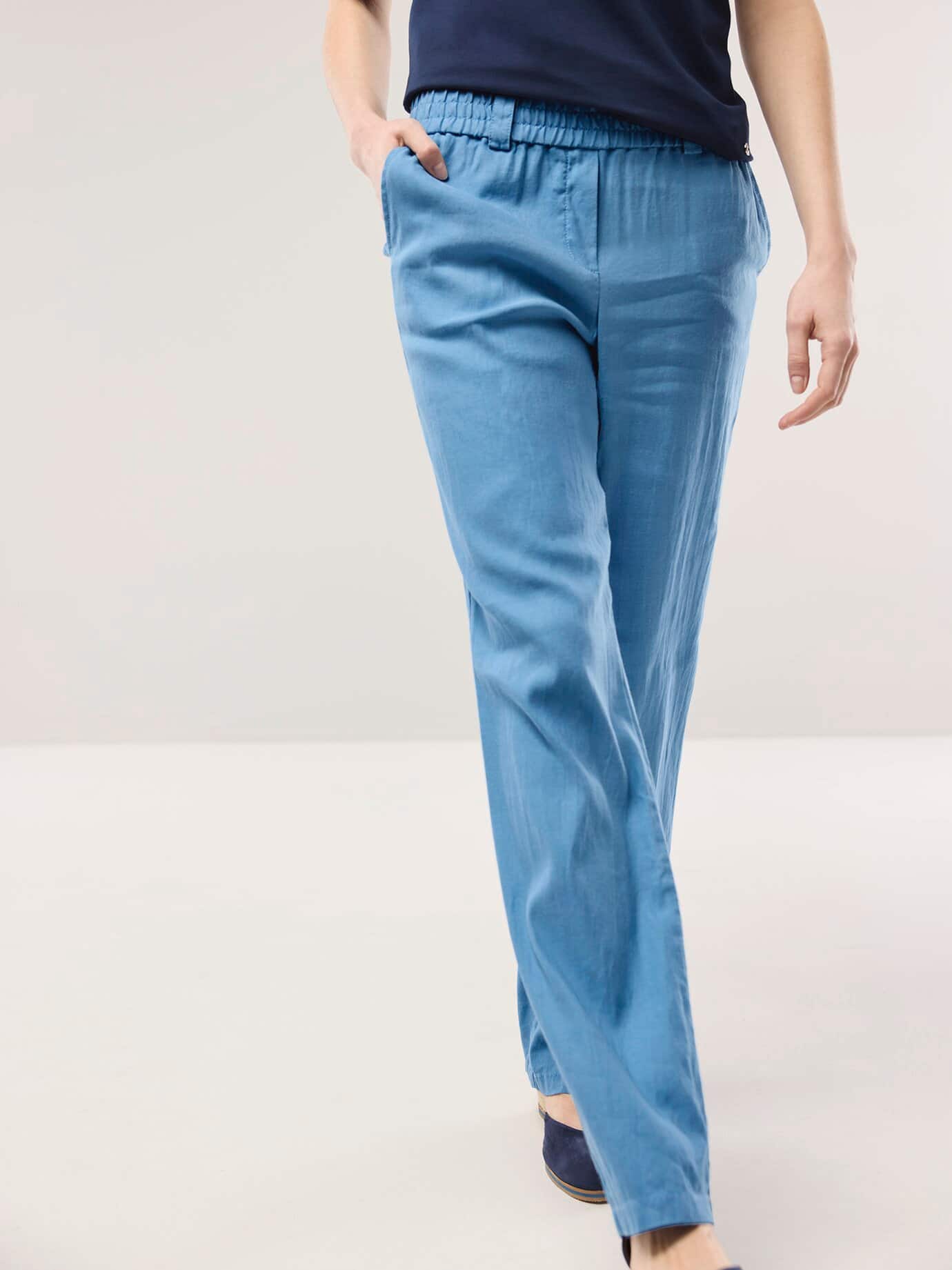 Softleinenmix-Hose Marlene, Regular Fit#normale Größen#Kurzgrößen, Farbe Blau, 25, weich und elastisch bequeme Schlupfform Damen