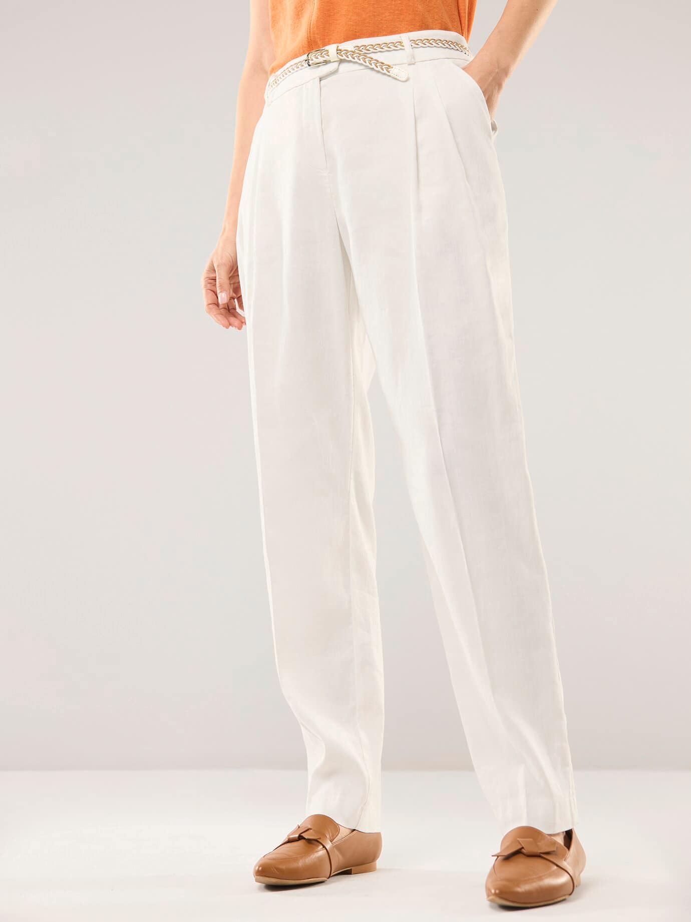 Bundfaltenhose aus Leinenmix, Regular Fit#normale Größen#Kurzgrößen, Farbe Weiß, 23, soft und elastisch permanente Bügelfalte Damen