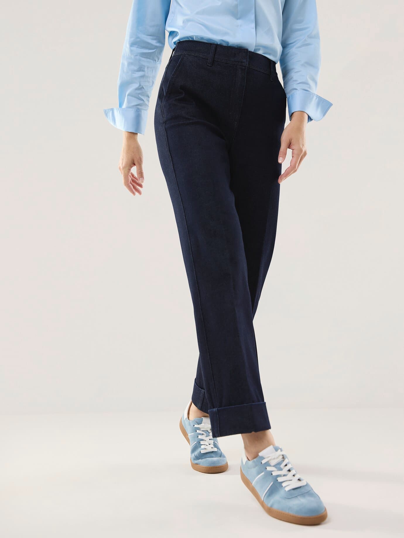 Chino Denim mit Saumumschlag, Regular Fit#normale Größen, Farbe Blau, 52, modischer Chino-Style leicht und atmungsaktiv Damen