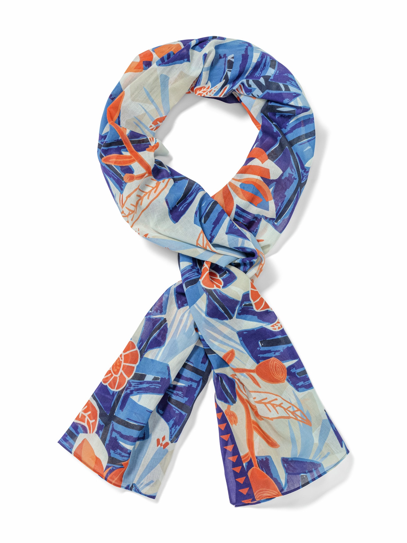 Swiss Cotton-Schal Blätter Blau/Orange