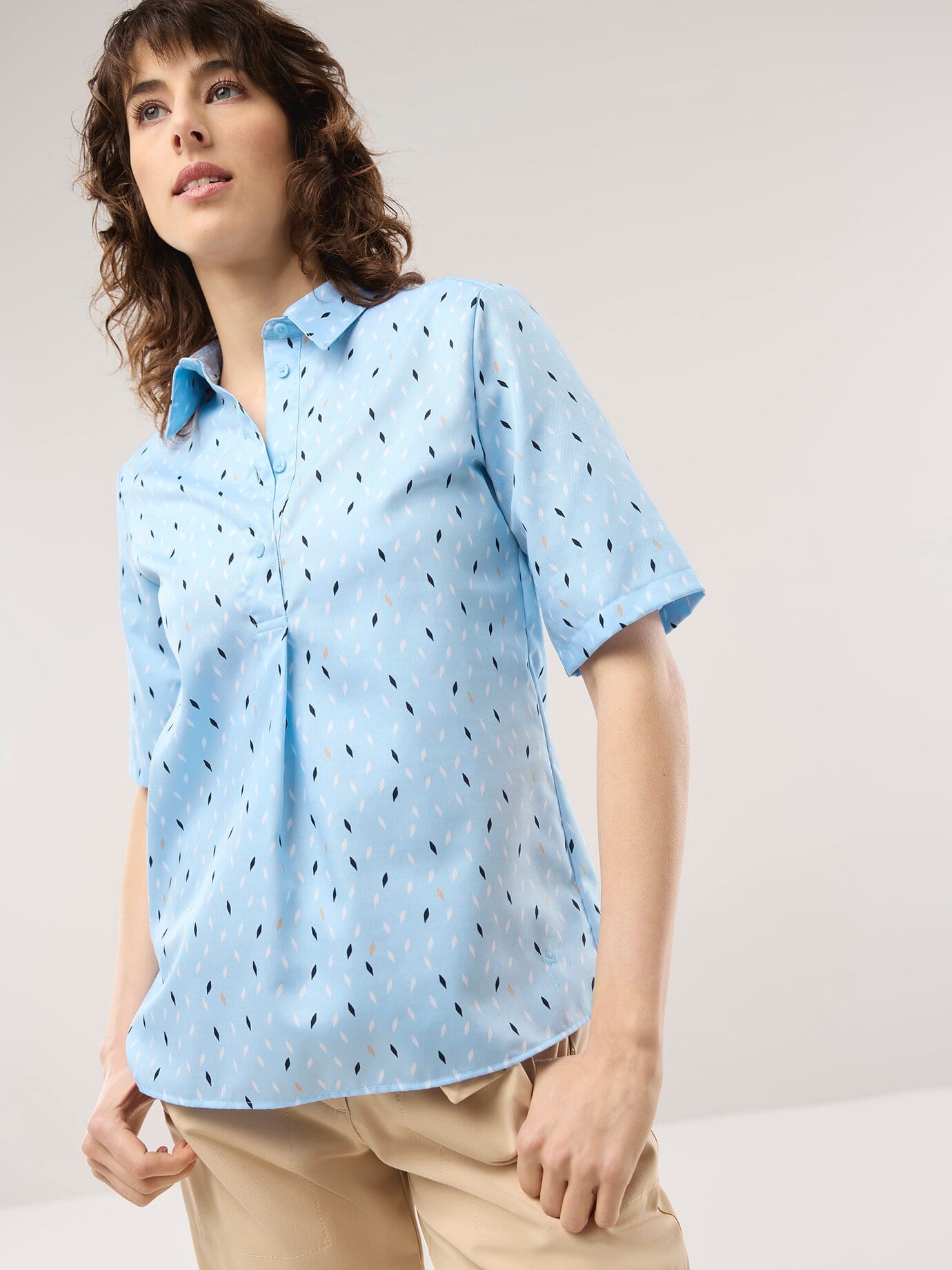 Extraglatt Polo Bluse, noch offen: Filter Passform#noch offen: Größenlauf, Farbe Blau, 36, bügelfrei 100% Baumwoll-Twill Damen
