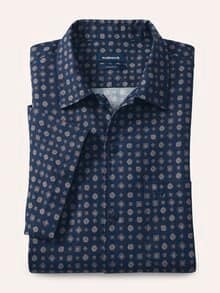 Leinen-Mix Revers-Kragen-Hemd Druck Marine