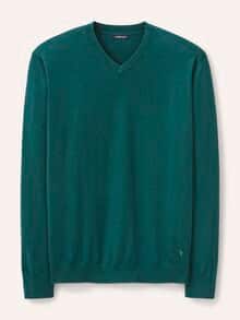 V-Pullover Merino Extrafein Blaugrün