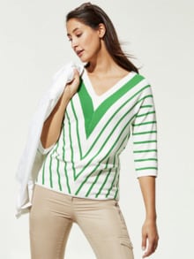 Wohlfühl-Pullover Diagonalstreifen Blattgrün/Offwhite