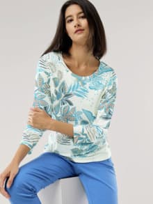 Viskoseshirt blue leaves Offwhite/Blau