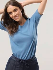 Baumwoll-Basic-Shirt Halbarm Jeansblau