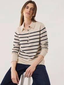 Polo-Pullover mit Seide Creme/Nachtblau