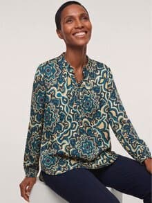 Shirtbluse aus Baumwollsatin Petrol gemustert