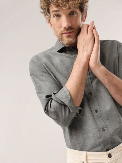 Leinen-Mix Hemd mit Haifischkragen Schilf