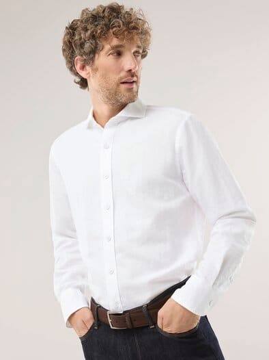 Leinen-Mix Hemd mit Haifischkragen Weiß