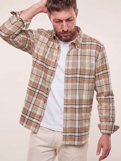 Hemd aus angerautem Baumwoll-Twill Karo Camel