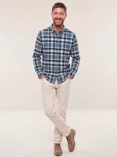 Hemd aus angerautem Baumwoll-Twill Karo Marine