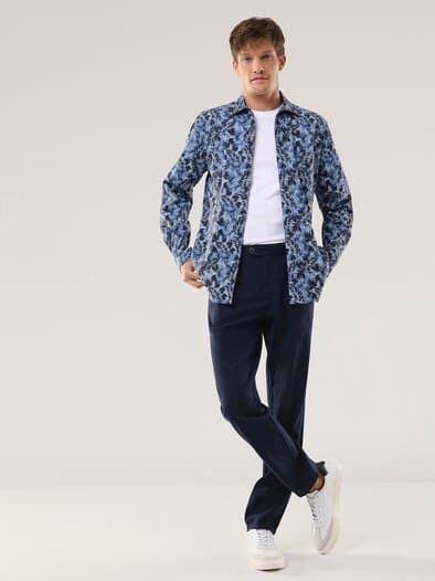 Extraglatt-Hemd Tropical Druck Blau
